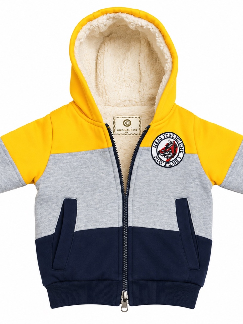 Kids Colorblock Hooded Zip Jacket in Yellow, Gray & Navy by